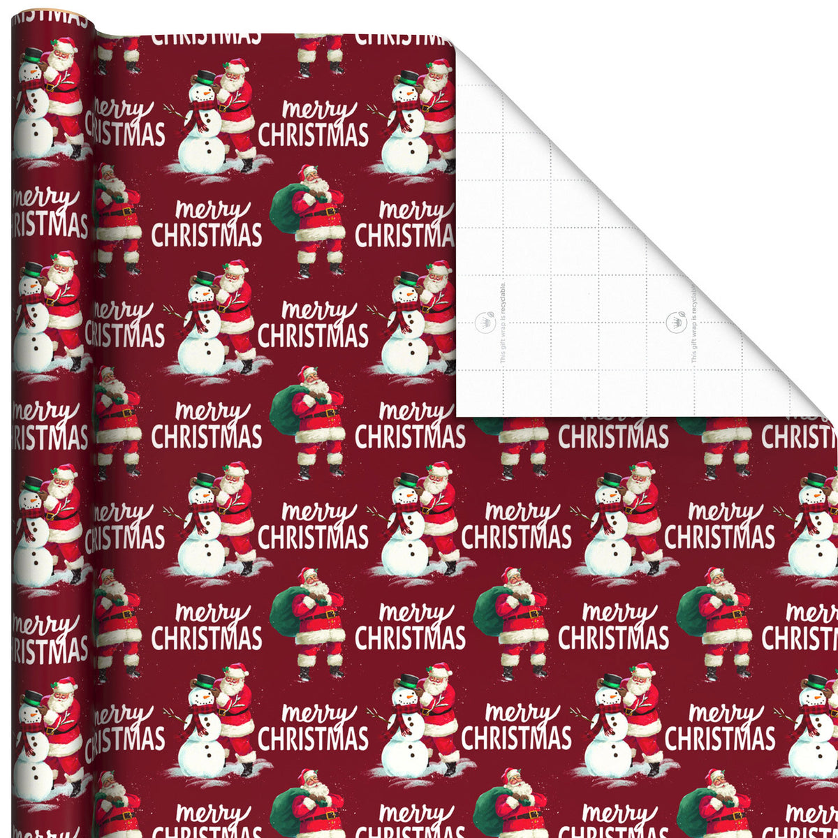 Hallmark Santa and Snowman  on Dark Red Jumbo Christmas Wrapping Paper Roll, 90 sq. ft.