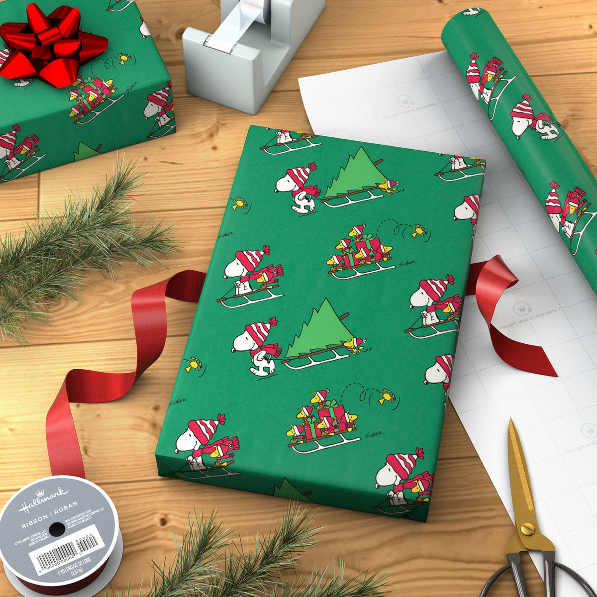 Hallmark Peanuts® Sledding Snoopy on Green Jumbo Christmas Wrapping Paper Roll, 70 sq. ft.