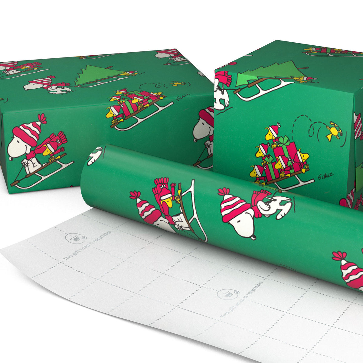 Hallmark Peanuts® Sledding Snoopy on Green Jumbo Christmas Wrapping Paper Roll, 70 sq. ft.