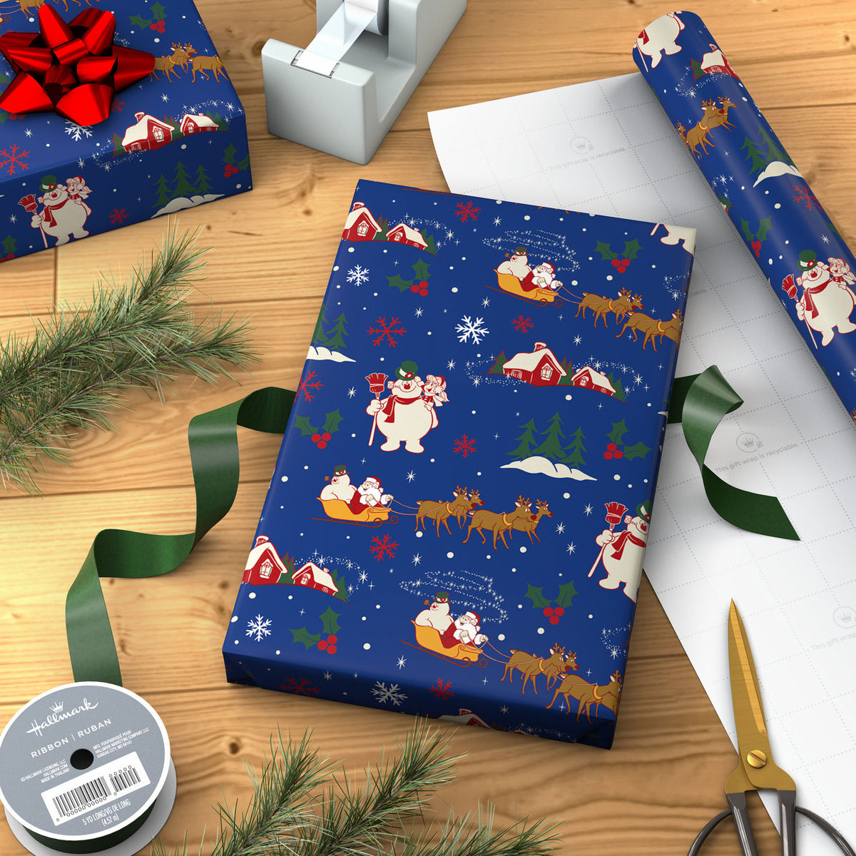 Hallmark Frosty the Snowman™ Santa on Blue Jumbo Christmas Wrapping Paper Roll, 70 sq. ft.