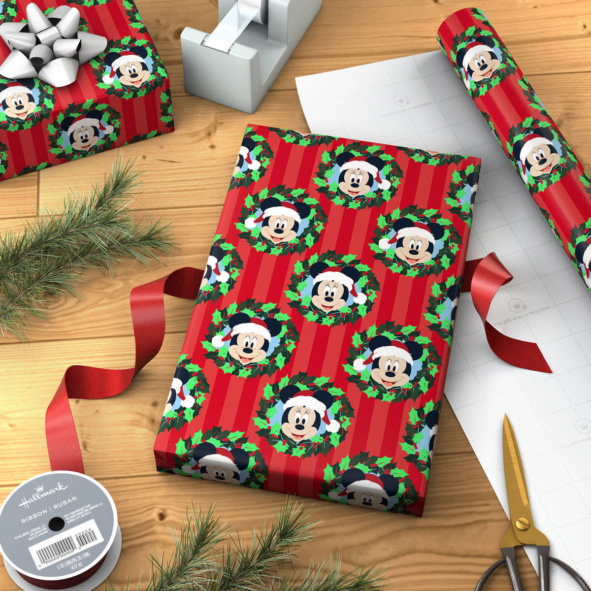 Hallmark Disney Mickey Mouse in Wreath on Red Jumbo Christmas Wrapping Paper Roll, 70 sq. ft.