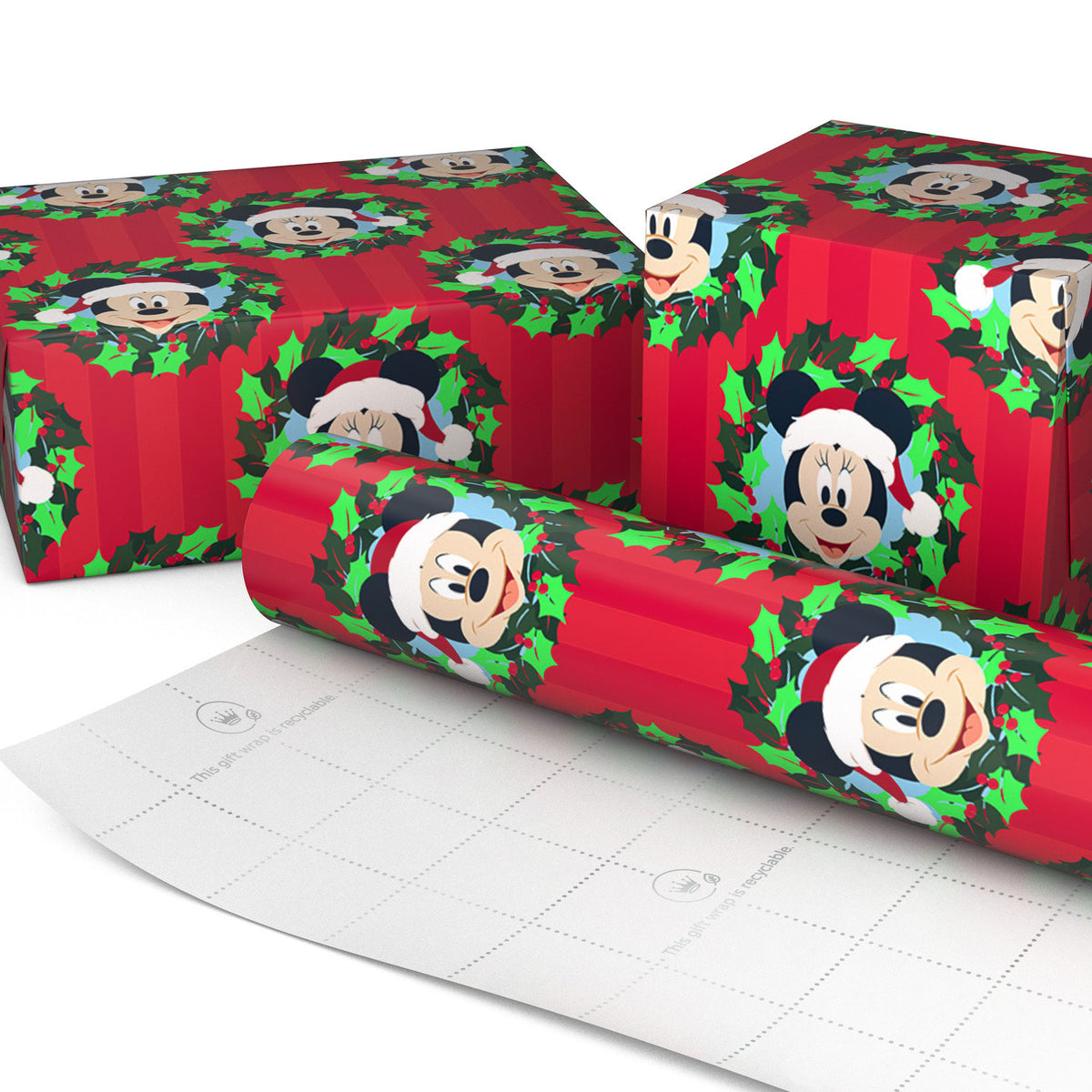 Hallmark Disney Mickey Mouse in Wreath on Red Jumbo Christmas Wrapping Paper Roll, 70 sq. ft.