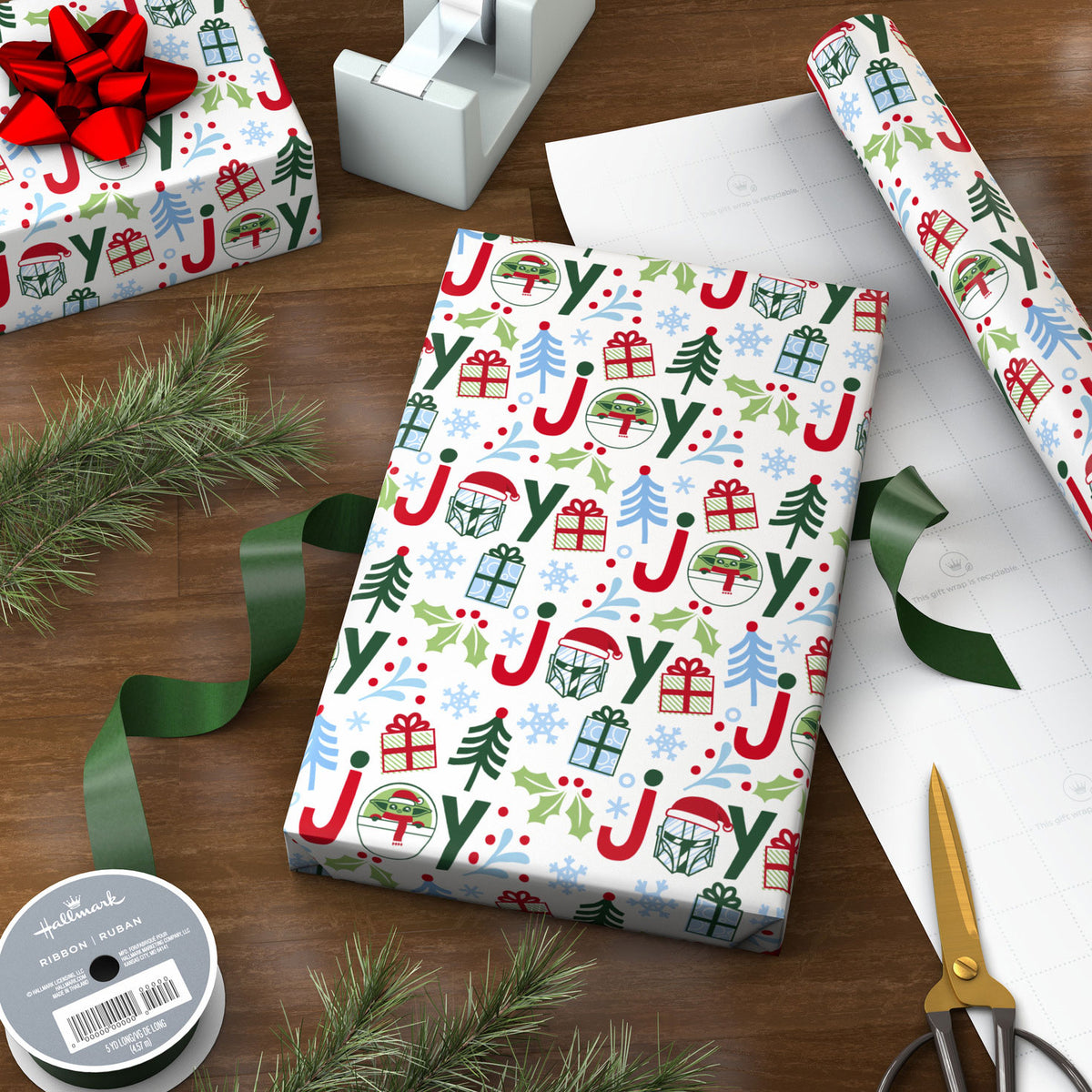 Hallmark Star Wars: The Mandalorian™ Grogu™ Joy on White Jumbo Christmas Wrapping Paper Roll, 70 sq. ft.