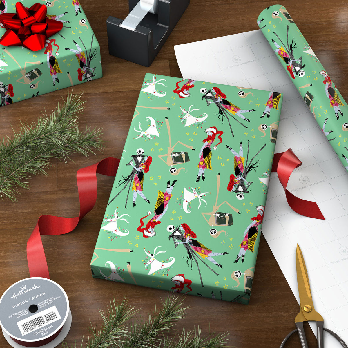 Hallmark Disney Tim Burton's The Nightmare Before Christmas Sally, Jack and Zero on Mint Green Jumbo Christmas Wrapping Paper Roll, 70 sq. ft.