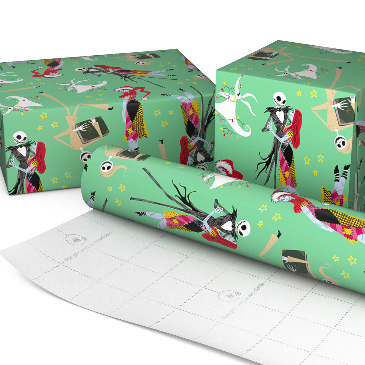 Hallmark Disney Tim Burton's The Nightmare Before Christmas Sally, Jack and Zero on Mint Green Jumbo Christmas Wrapping Paper Roll, 70 sq. ft.