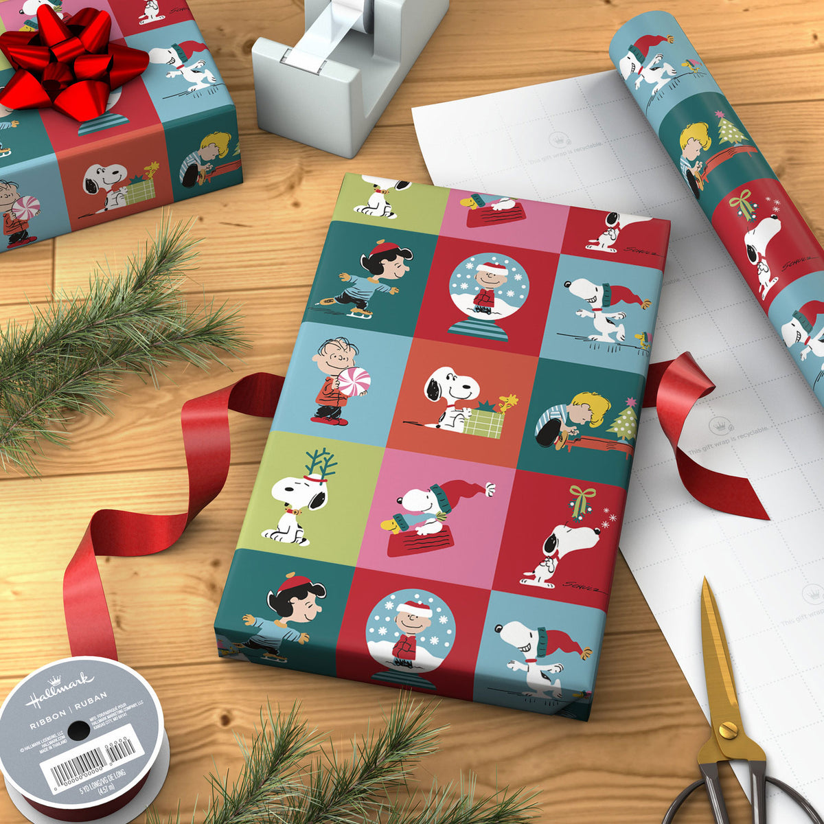 Hallmark Peanuts® Snoopy and Charlie Brown Grid Christmas Wrapping Paper Roll, 35 sq. ft.
