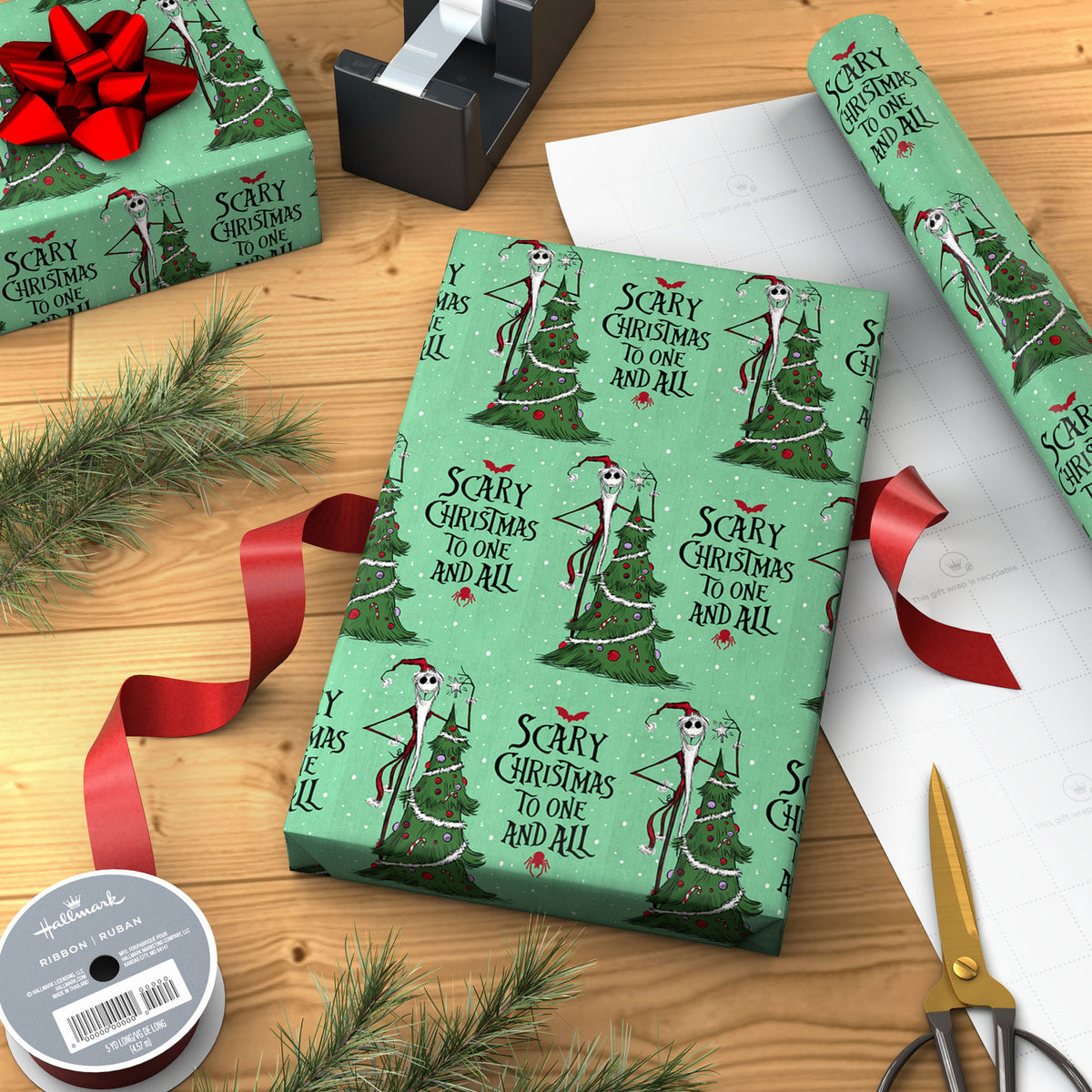 Hallmark Disney Tim Burton's The Nightmare Before Christmas Jack Skellington Santa, Green Christmas Wrapping Paper Roll, 35 sq. ft.