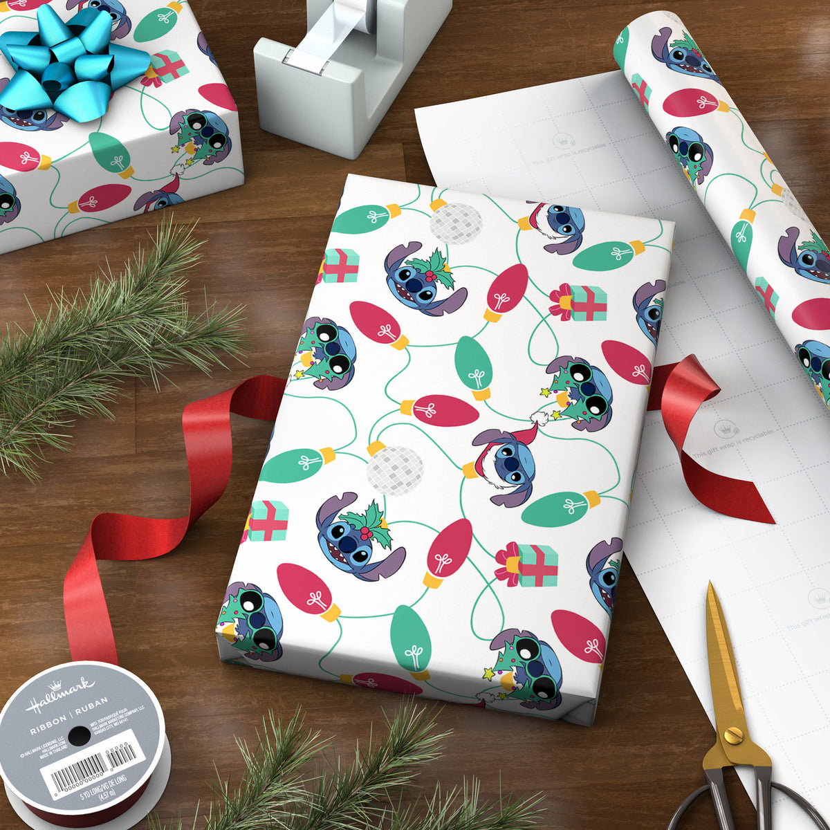 Hallmark Disney Stitch and Lights Christmas Wrapping Paper Roll, 35 sq. ft.
