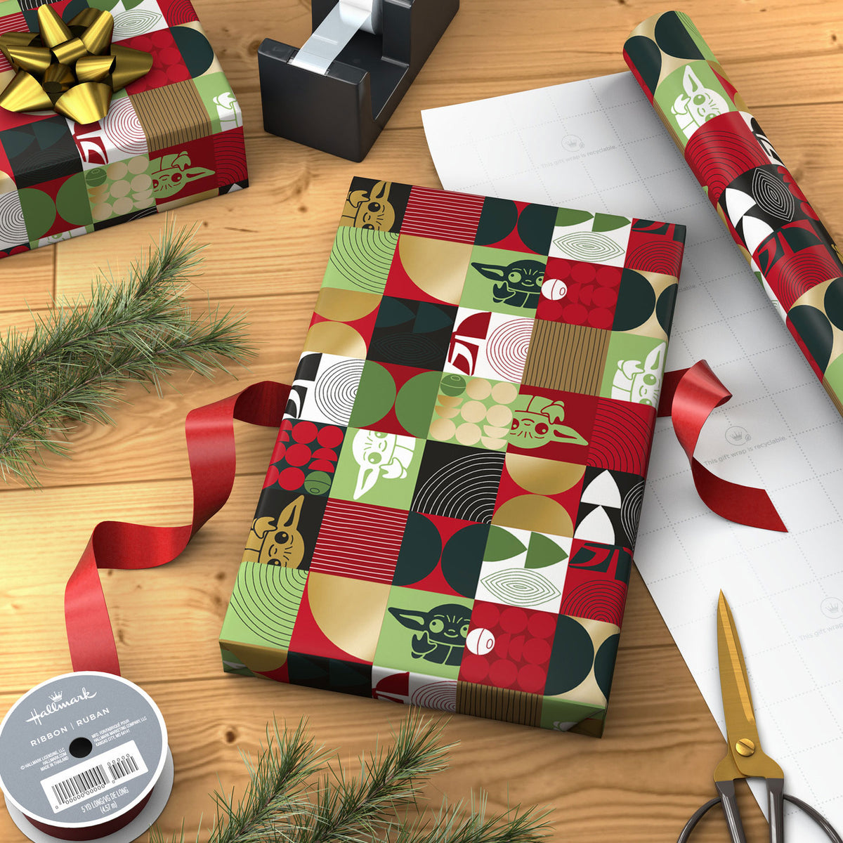 Hallmark Star Wars: The Mandalorian™ Grogu™, Gold and Green Christmas Wrapping Paper Roll, 35 sq. ft.