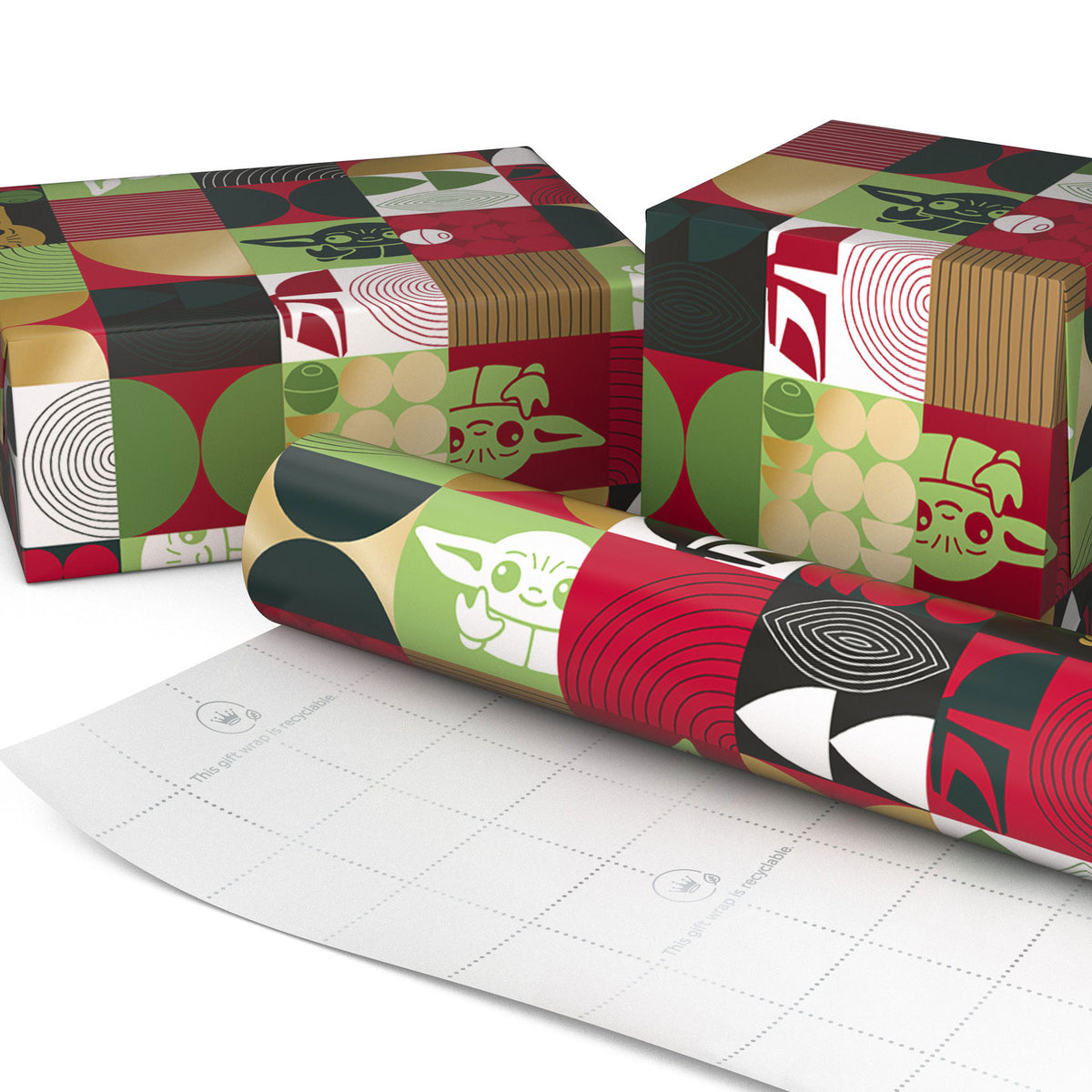 Hallmark Star Wars: The Mandalorian™ Grogu™, Gold and Green Christmas Wrapping Paper Roll, 35 sq. ft.