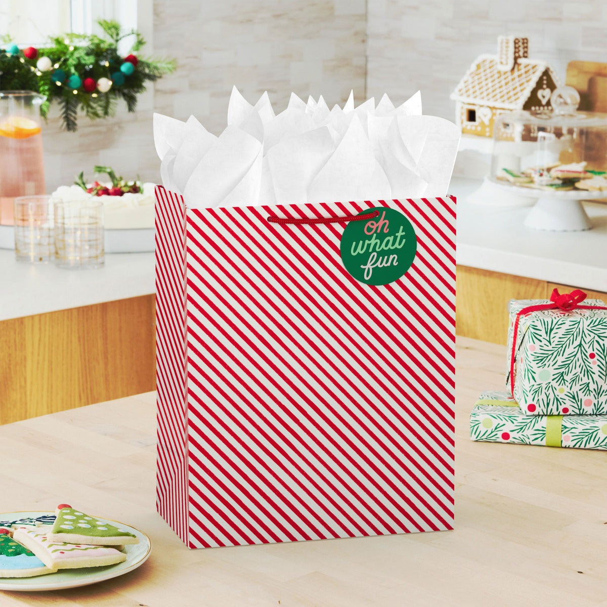 Hallmark 13'' Red and White Diagonal Stripes Large Christmas Gift Bag With Tissue Paper