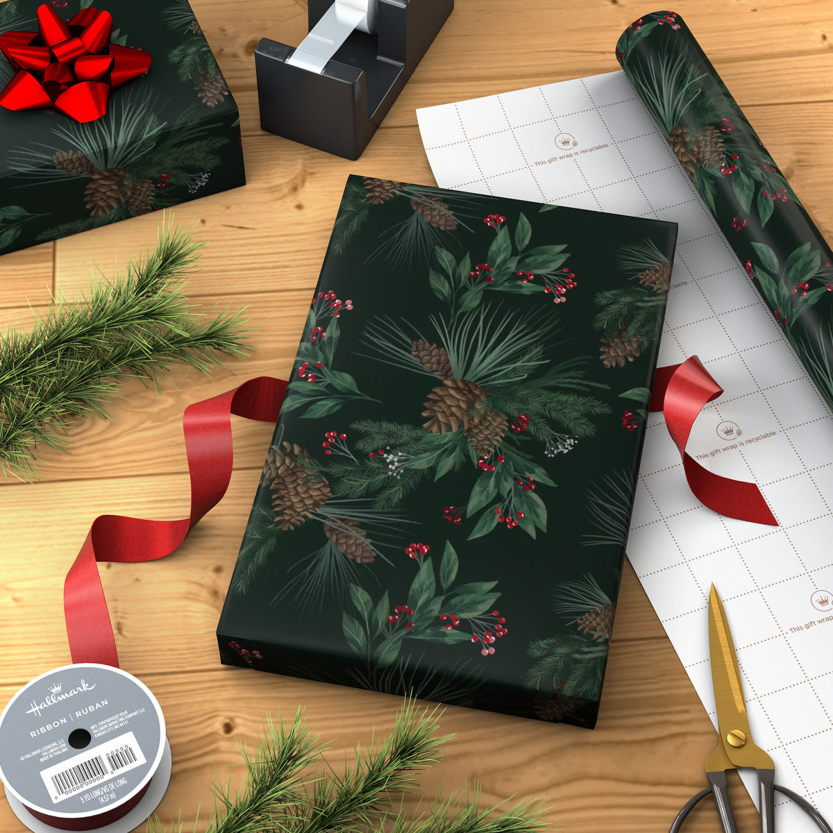Hallmark Pine-Scented Holiday Boughs on Black Christmas Wrapping Paper Roll, 20 sq. ft.