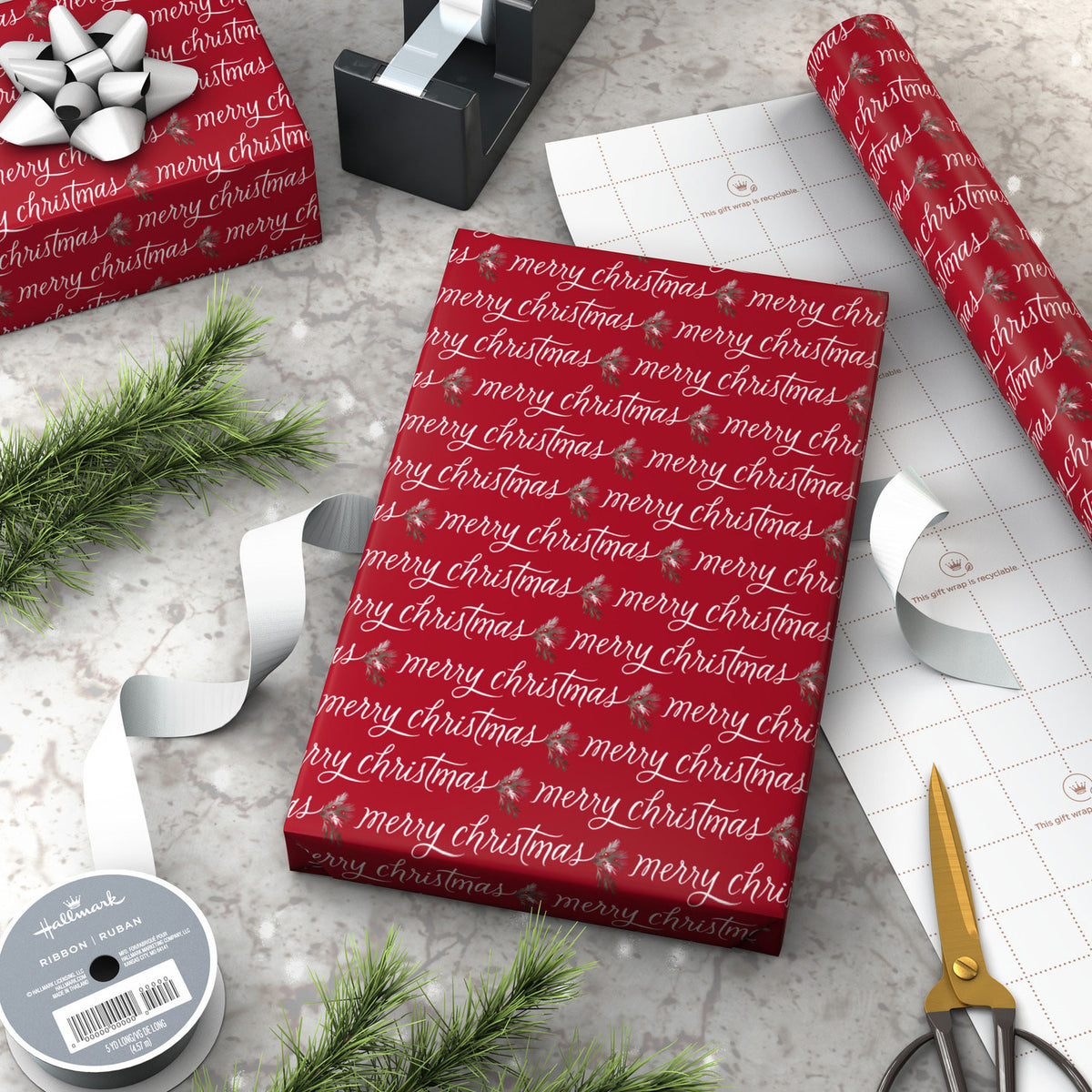Hallmark Cinnamon-Scented Merry Christmas on Red Wrapping Paper Roll, 20 sq. ft.