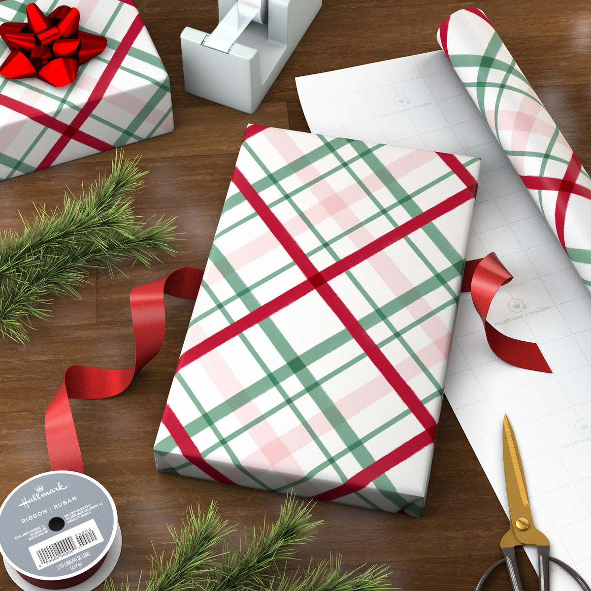 Hallmark Peppermint-Scented Playful Plaid on White Christmas Wrapping Paper Roll, 20 sq. ft.