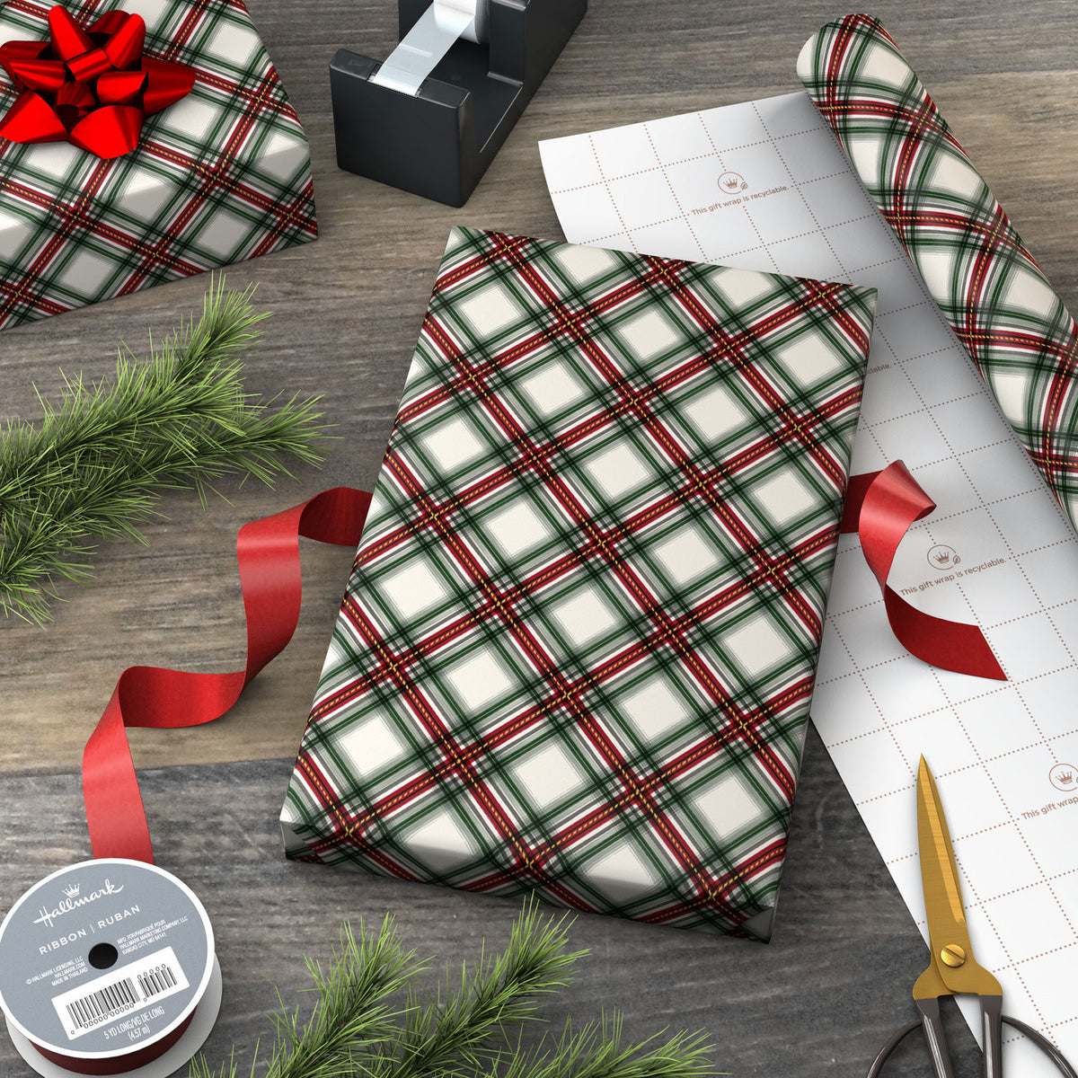 Hallmark Festive Red and Green Plaid Christmas Wrapping Paper Roll, 35 sq. ft.