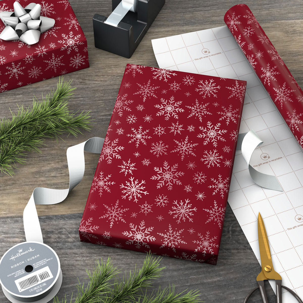 Hallmark Snowflakes on Red Christmas Wrapping Paper Roll, 22.5 sq. ft.