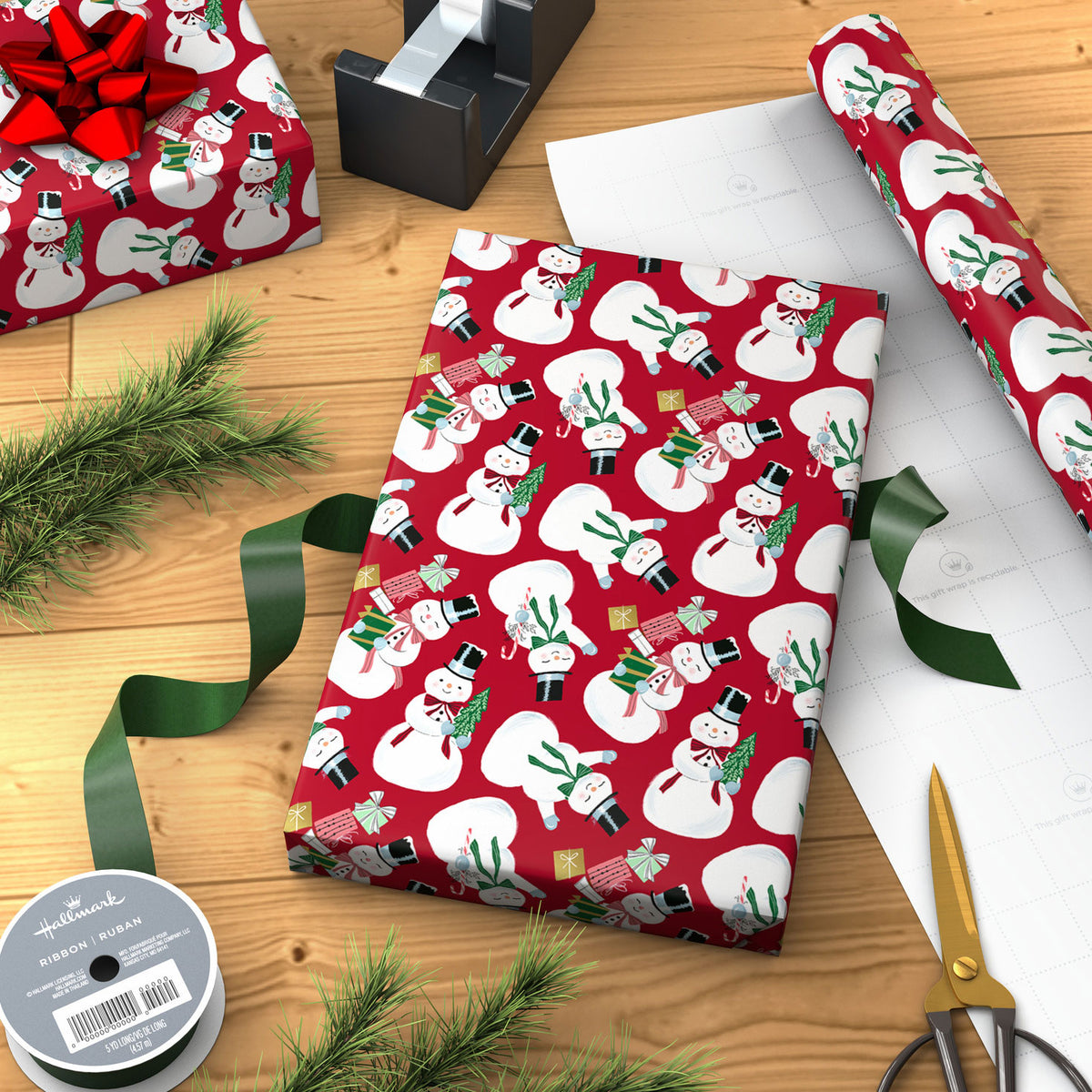 Hallmark Snowmen on Red Christmas Wrapping Paper Roll, 35 sq. ft.