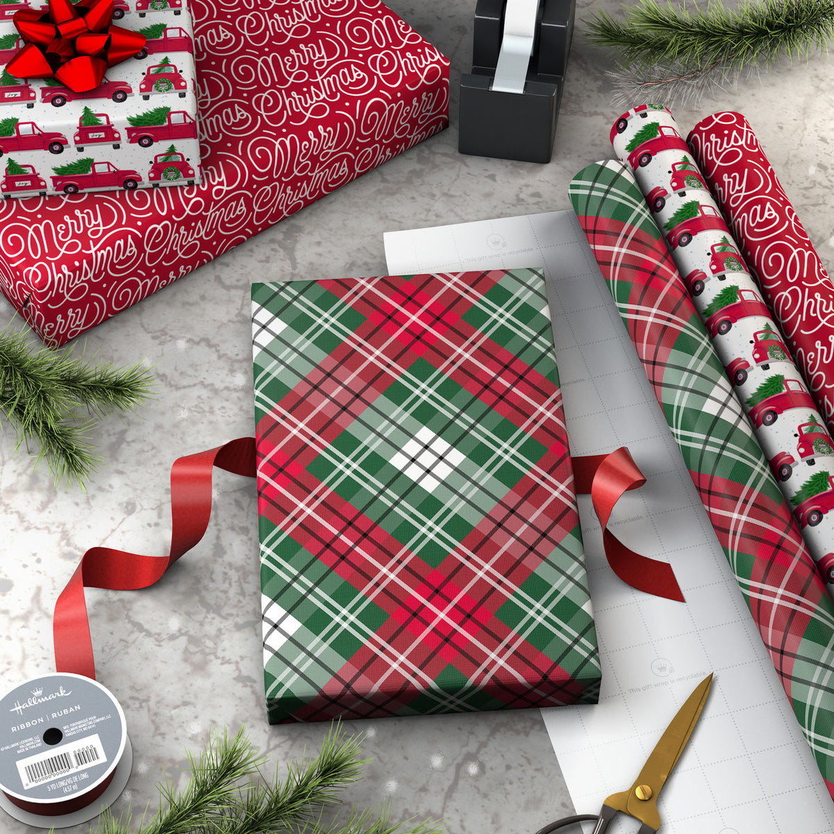 Hallmark Vintage Classics 3-Pack Assortment Christmas Wrapping Paper Roll Bundle, 105 sq. ft. total