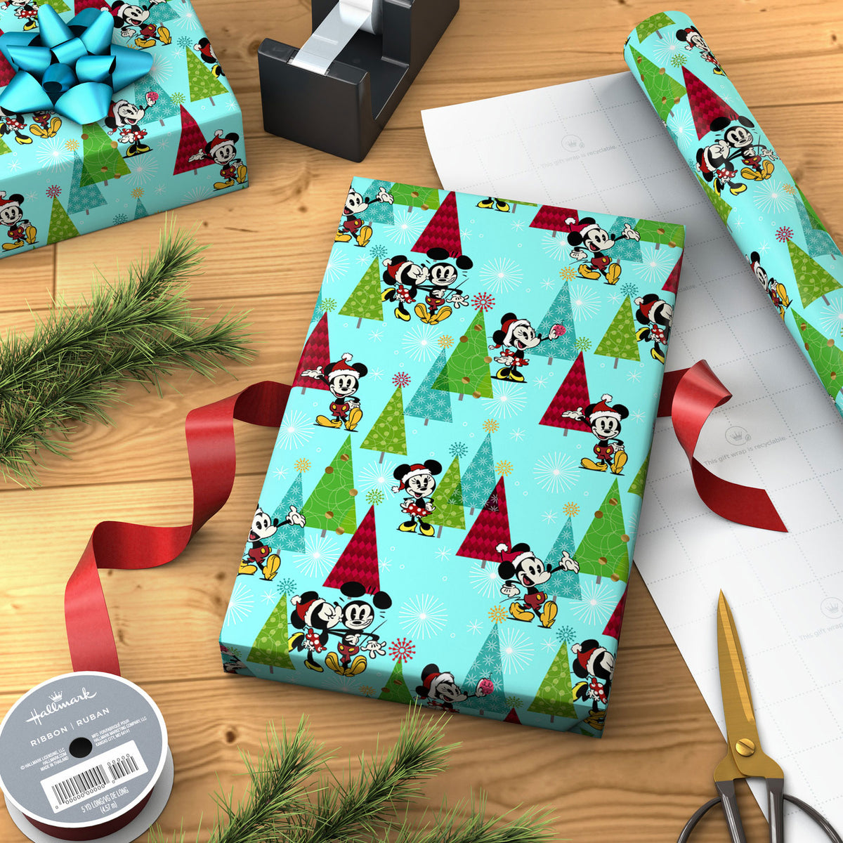 Hallmark Disney Vintage Mickey and Minnie on Blue Christmas Wrapping Paper Roll, 25 sq. ft.