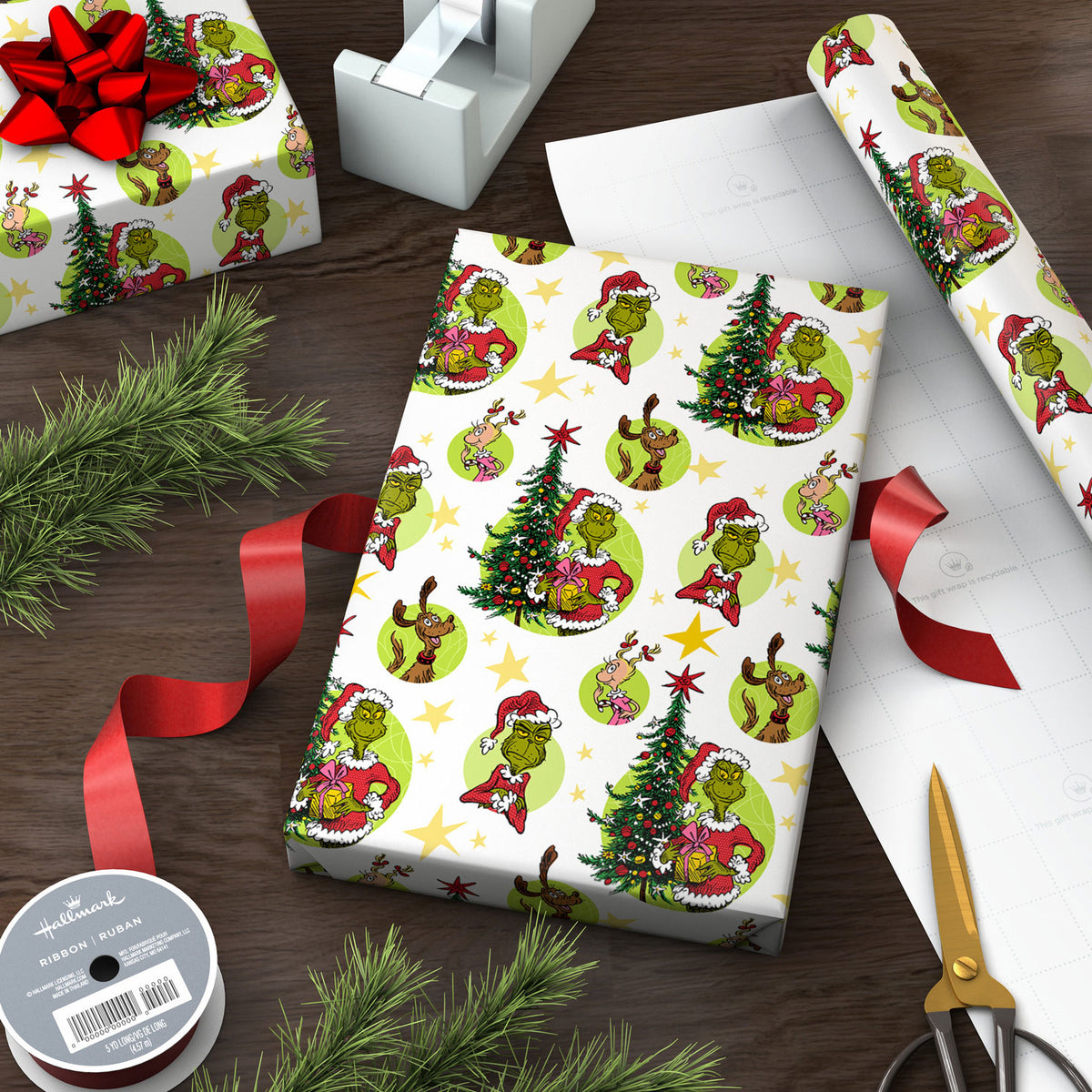 Hallmark Dr. Seuss's How the Grinch Stole Christmas!™ Grinch Vignettes on White Wrapping Paper Roll, 25 sq. ft.