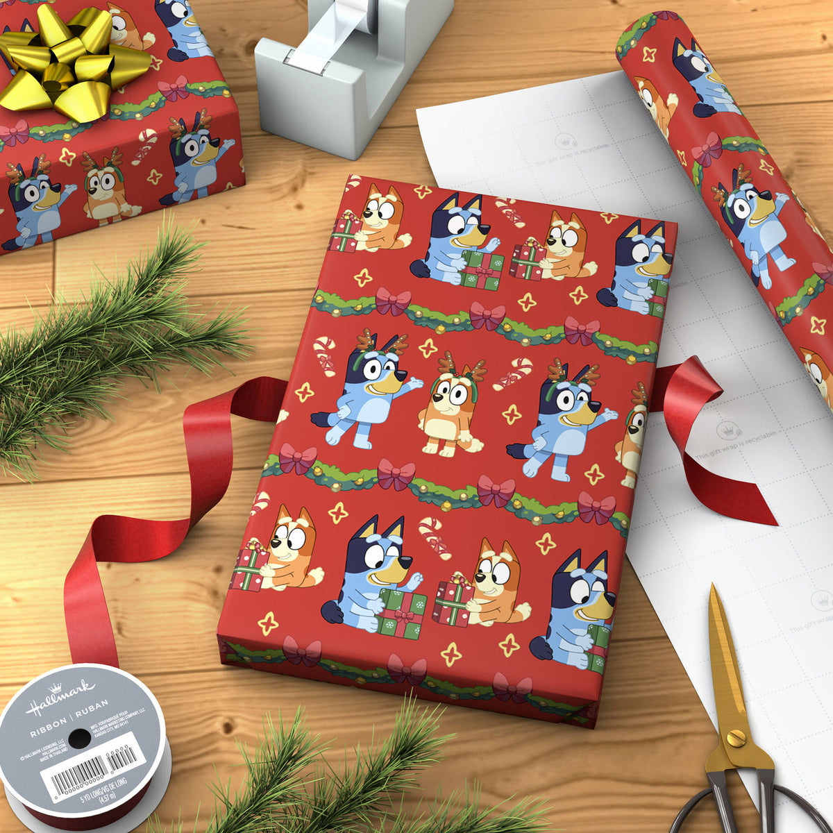 Hallmark Bluey and Bingo on Red Christmas Wrapping Paper Roll, 25 sq. ft.