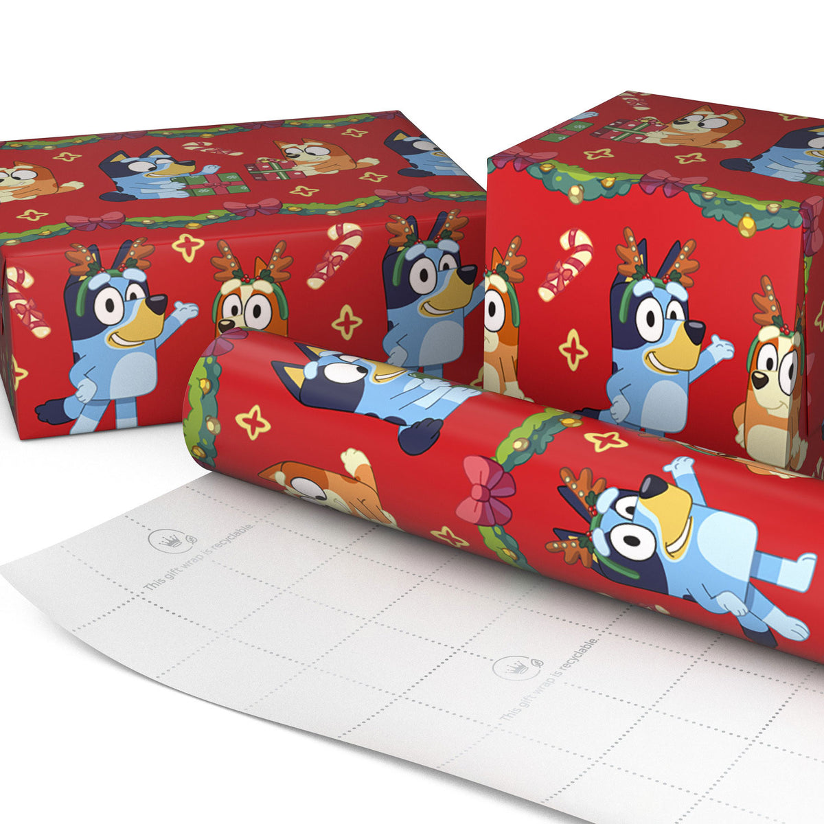 Hallmark Bluey and Bingo on Red Christmas Wrapping Paper Roll, 25 sq. ft.