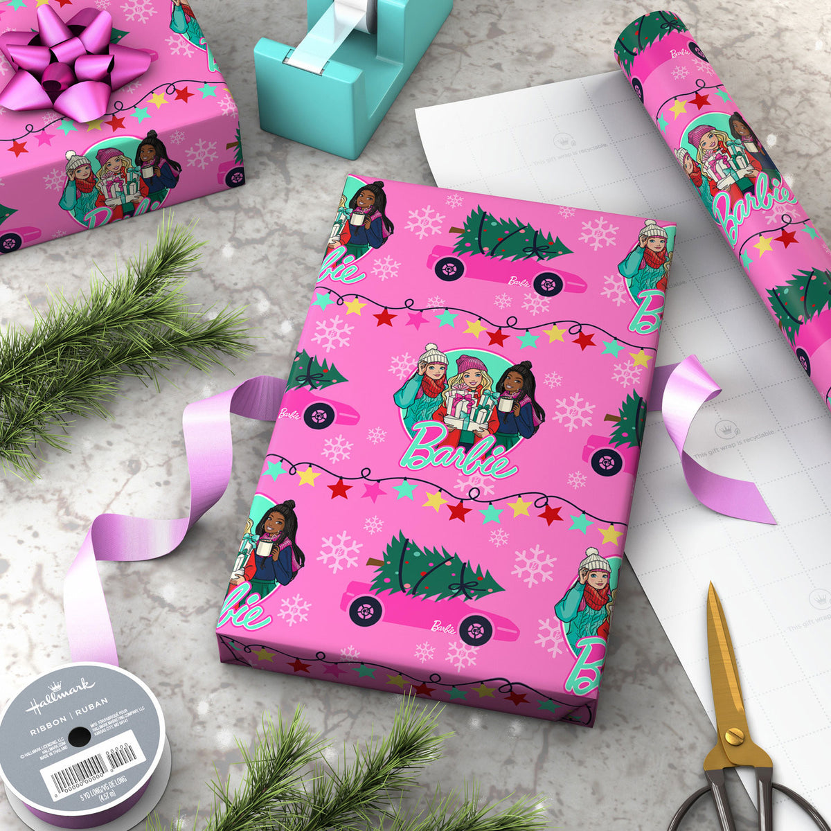 Hallmark Barbie™ and Friends on Pink Christmas Wrapping Paper Roll, 25 sq. ft.