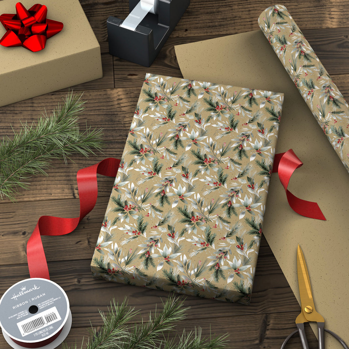 Hallmark Kraft Greenery/Brown Flecks Holiday Reversible Wrapping Paper Roll, 22.5 sq. ft.