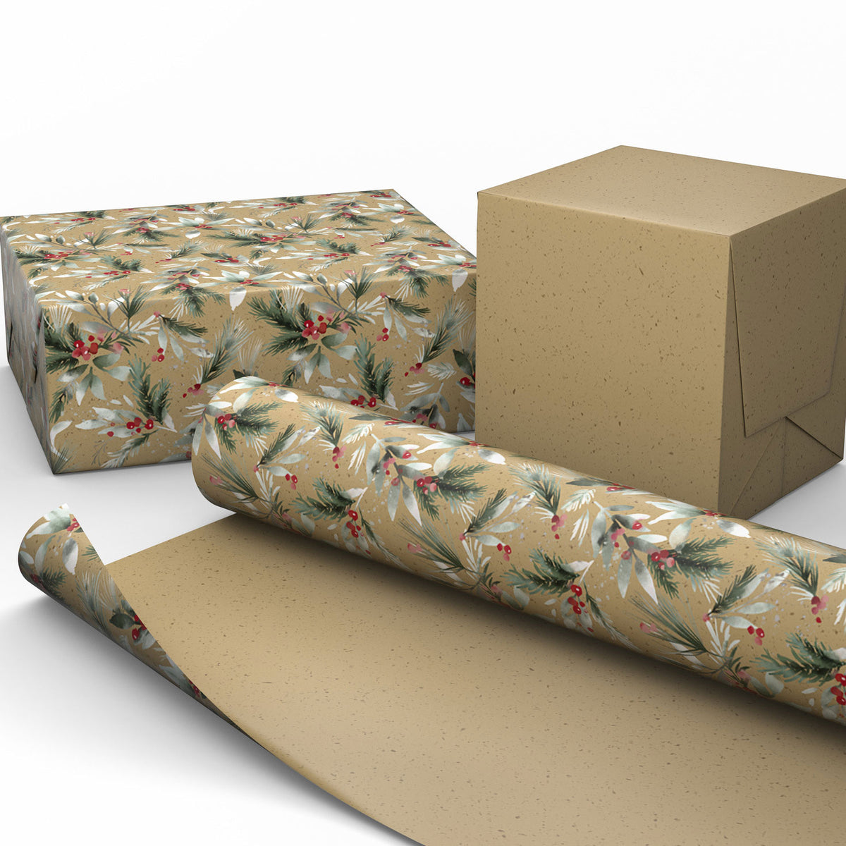 Hallmark Kraft Greenery/Brown Flecks Holiday Reversible Wrapping Paper Roll, 22.5 sq. ft.
