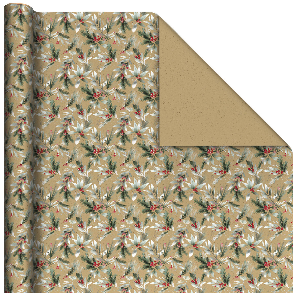 Hallmark Kraft Greenery/Brown Flecks Holiday Reversible Wrapping Paper Roll, 22.5 sq. ft.