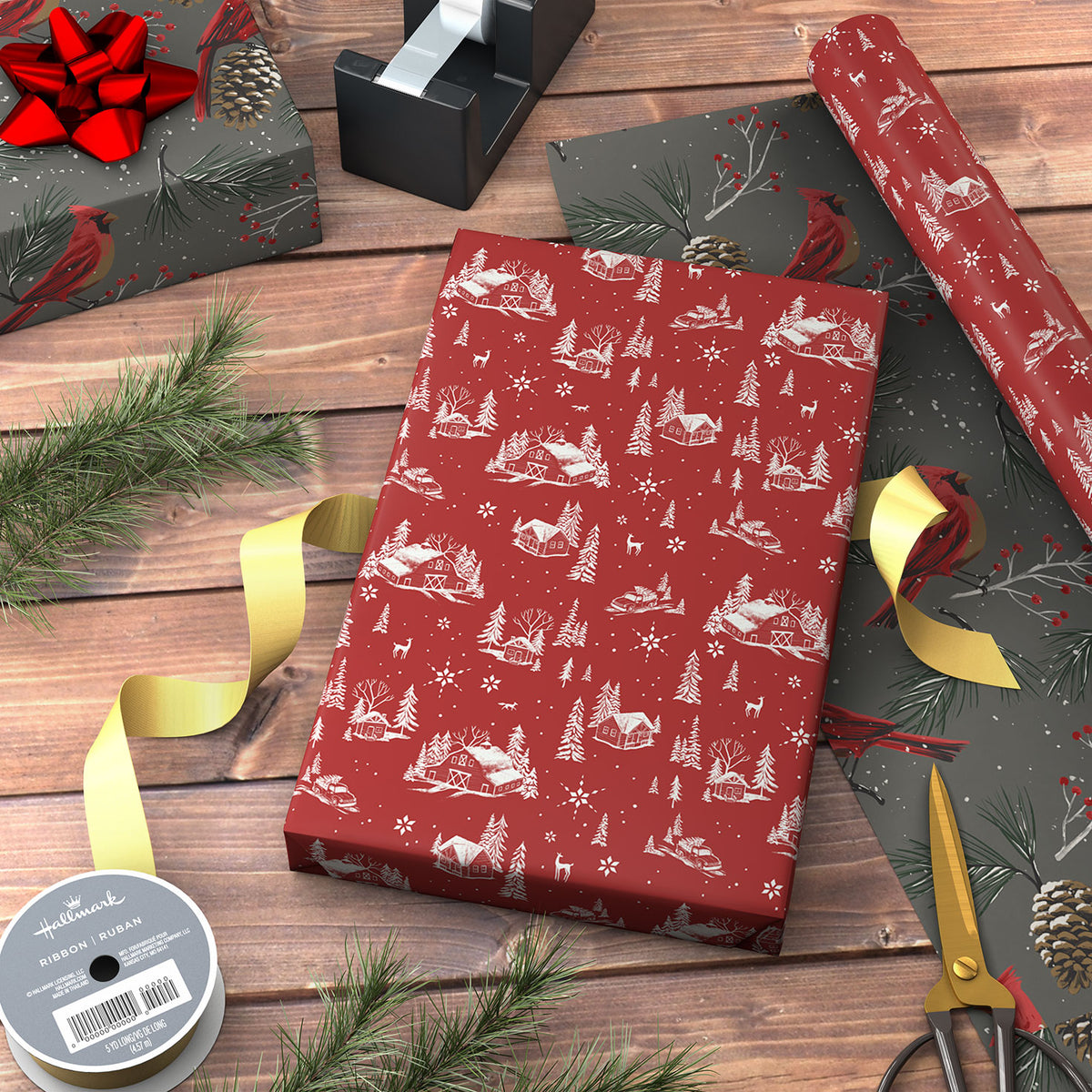 Hallmark Cardinals on Gray/Red Barn Christmas Reversible Wrapping Paper Roll, 30 sq. ft.