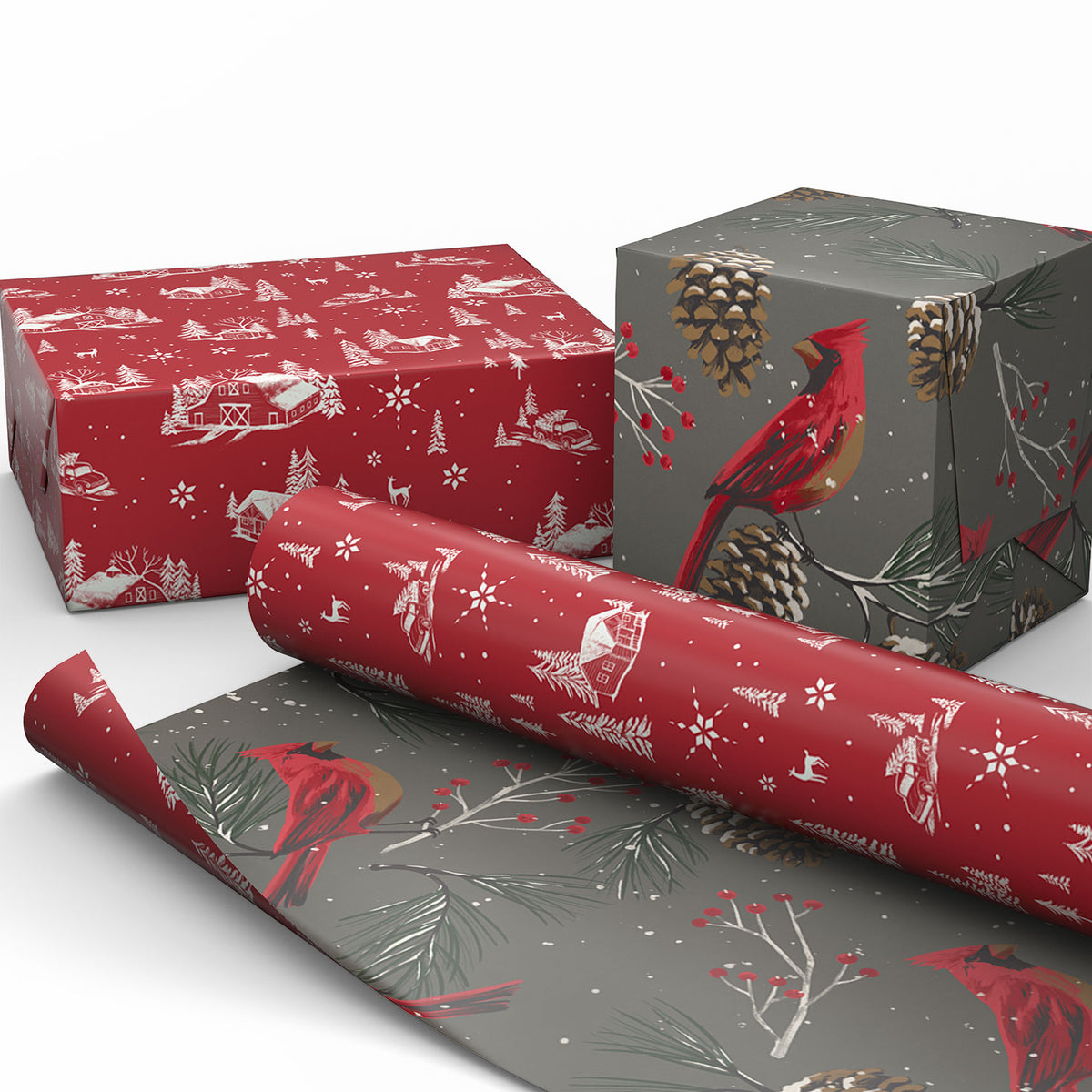 Hallmark Cardinals on Gray/Red Barn Christmas Reversible Wrapping Paper Roll, 30 sq. ft.