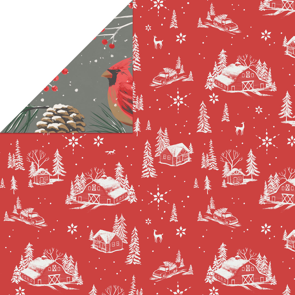 Hallmark Cardinals on Gray/Red Barn Christmas Reversible Wrapping Paper Roll, 30 sq. ft.