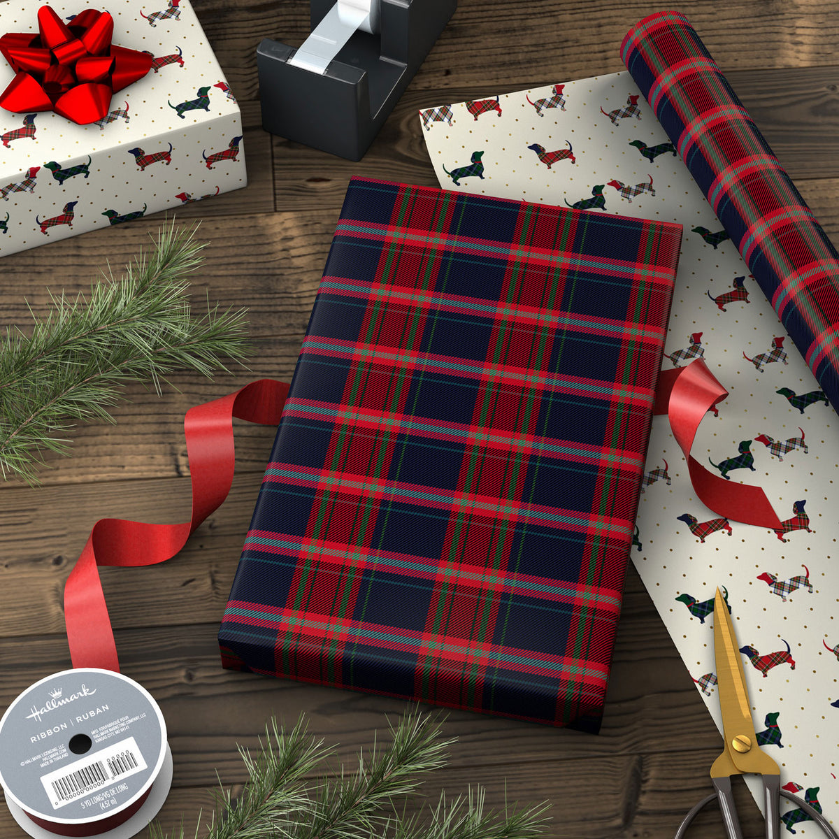 Hallmark Navy and Red Plaid/Dachshund on Cream Christmas Reversible Wrapping Paper Roll, 30 sq. ft.