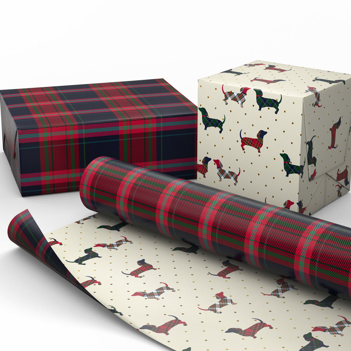 Hallmark Navy and Red Plaid/Dachshund on Cream Christmas Reversible Wrapping Paper Roll, 30 sq. ft.