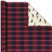 Hallmark Navy and Red Plaid/Dachshund on Cream Christmas Reversible Wrapping Paper Roll, 30 sq. ft.