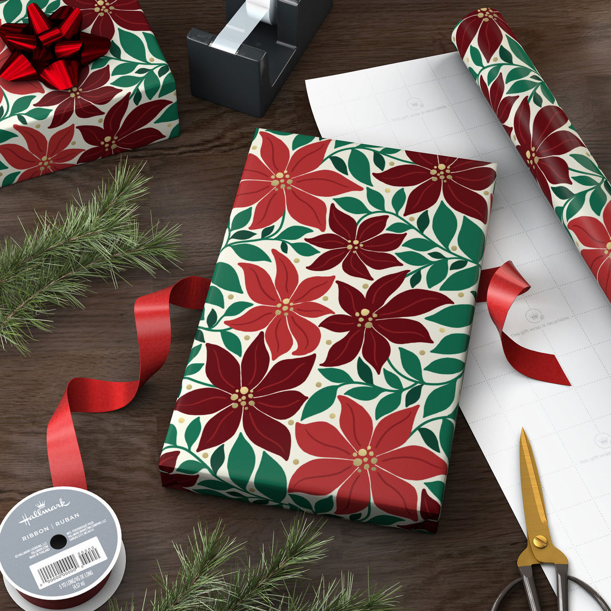 Hallmark Modern Poinsettias Christmas Wrapping Paper Roll, 35 sq. ft.