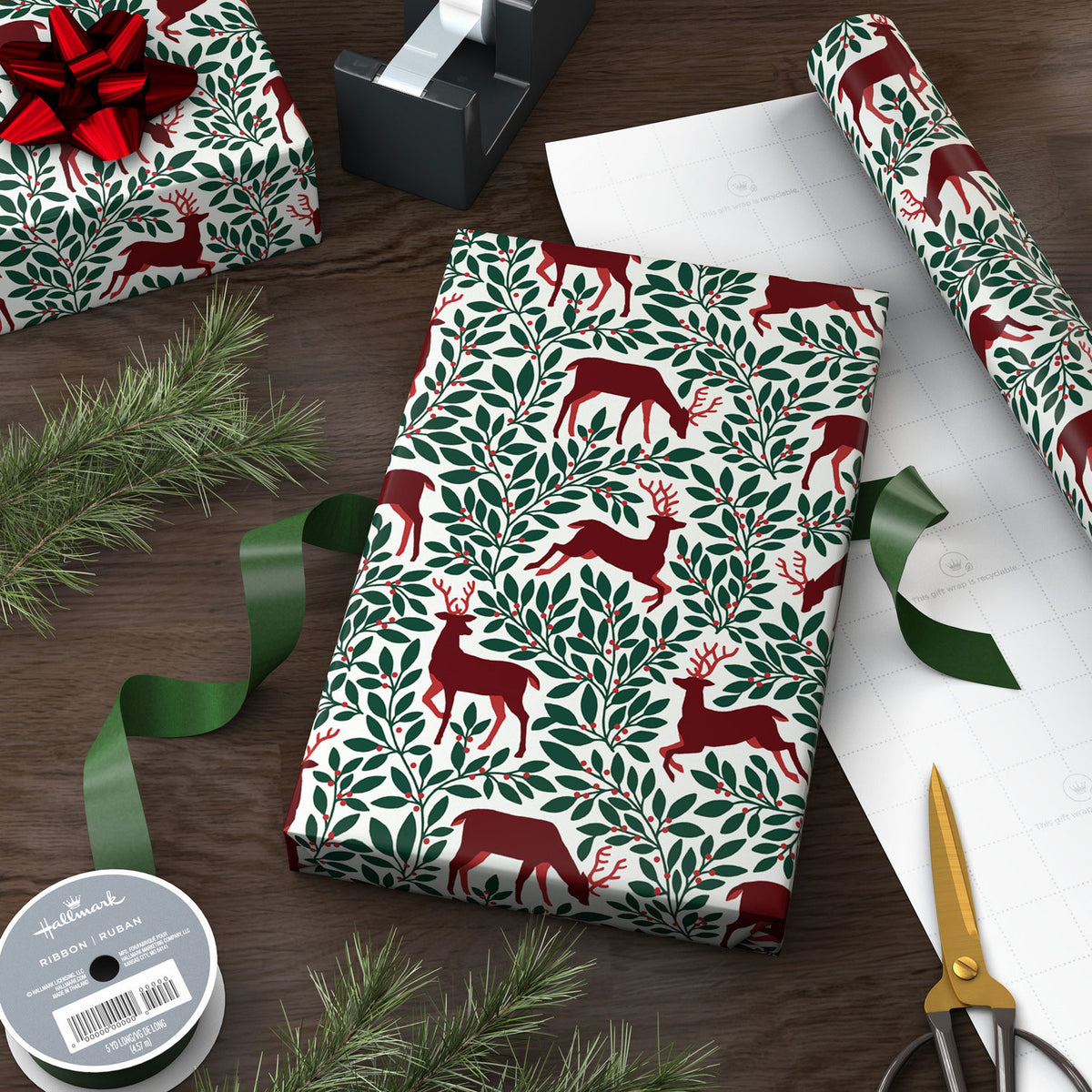 Hallmark Red Deer and Green Foliage Christmas Wrapping Paper Roll, 35 sq. ft.