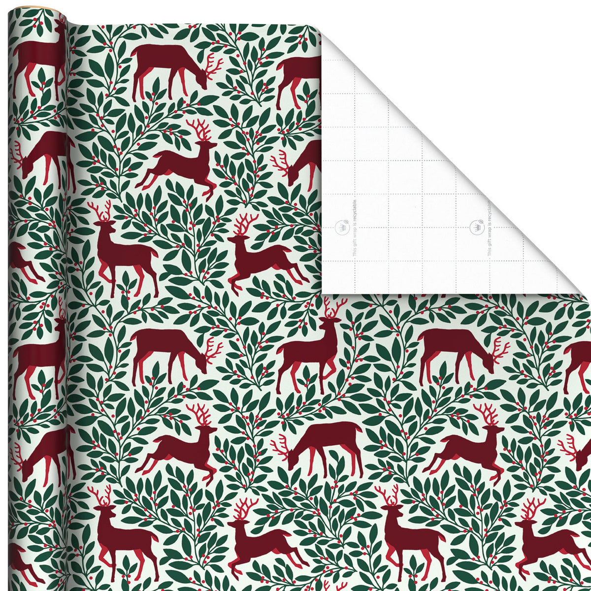 Hallmark Red Deer and Green Foliage Christmas Wrapping Paper Roll, 35 sq. ft.