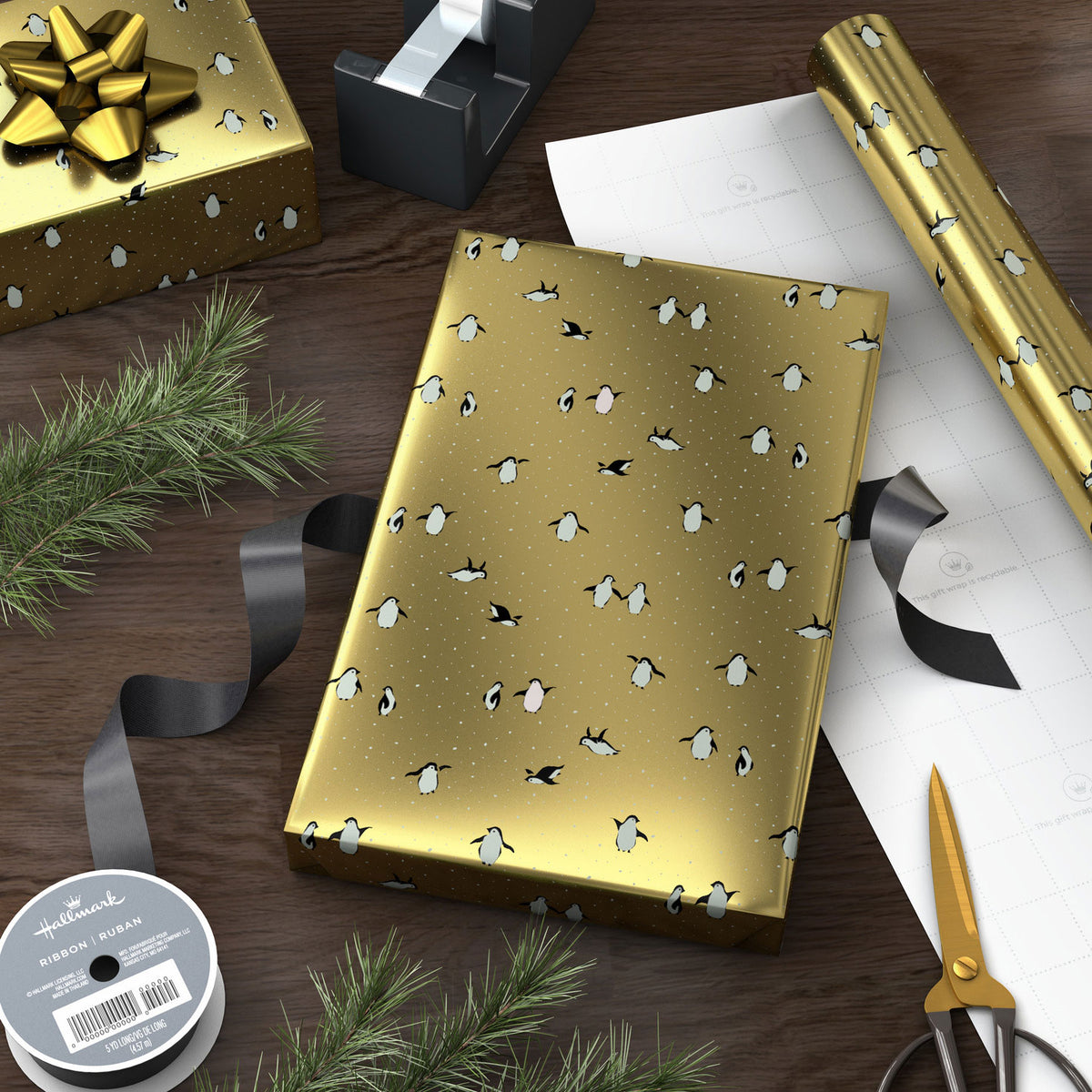 Hallmark Penguins on Gold Foil Christmas Wrapping Paper Roll, 25 sq. ft.