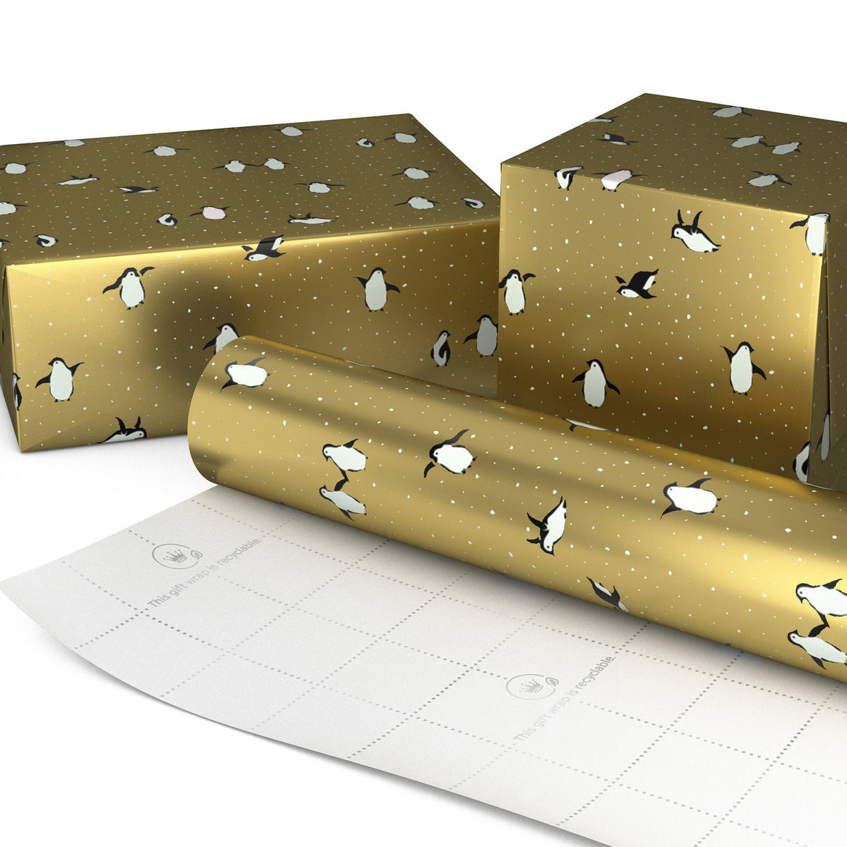 Hallmark Penguins on Gold Foil Christmas Wrapping Paper Roll, 25 sq. ft.