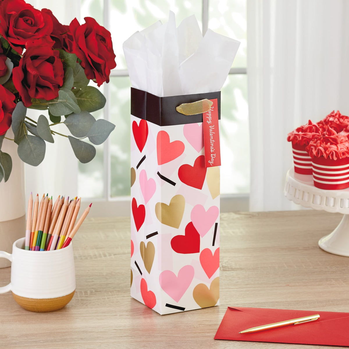 Hallmark 13" Confetti Hearts Wine Bottle Valentine's Day Gift Bag