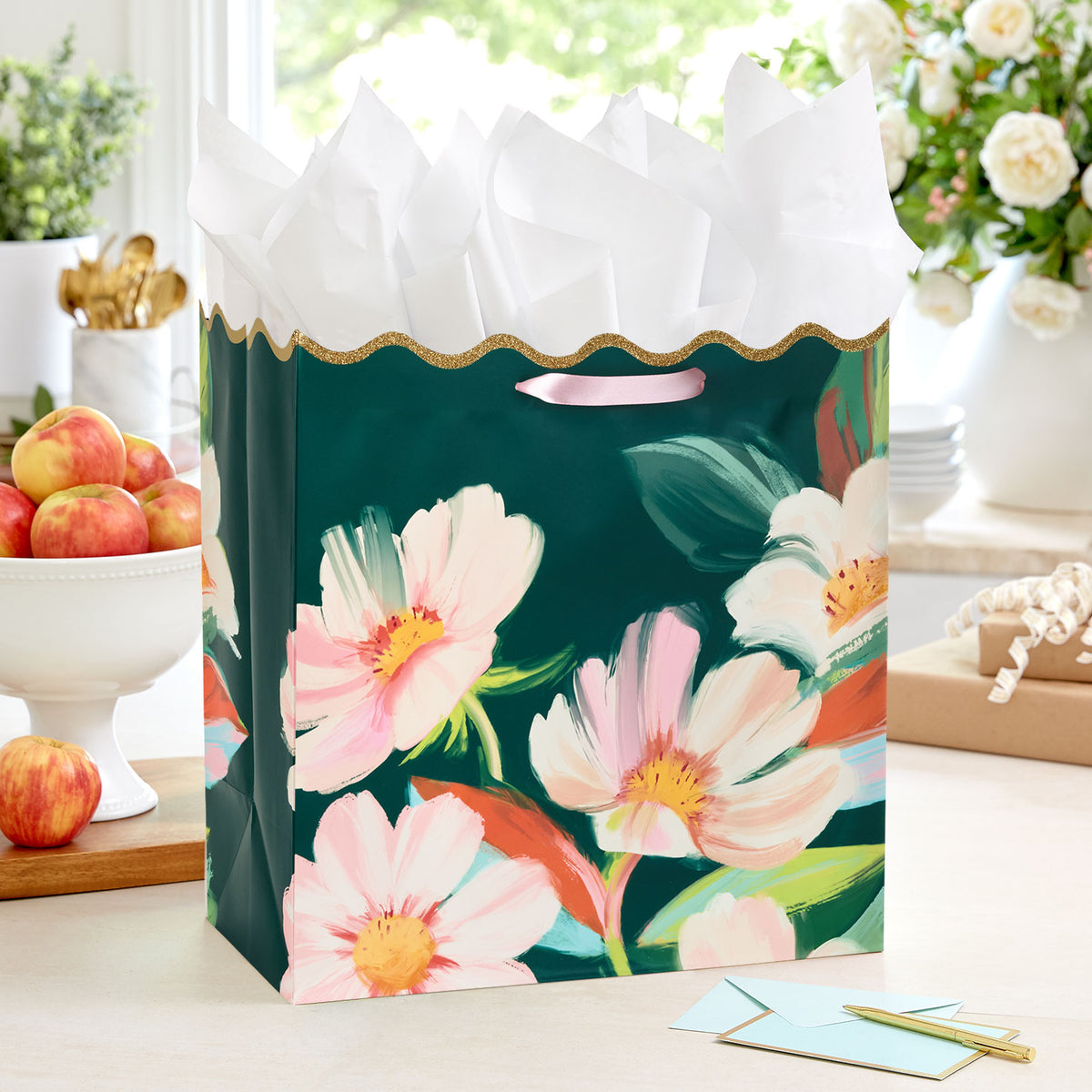 Hallmark 15'' Lacey Chabert Collection Painted Flowers on Green Extra-Deep Gift Bag