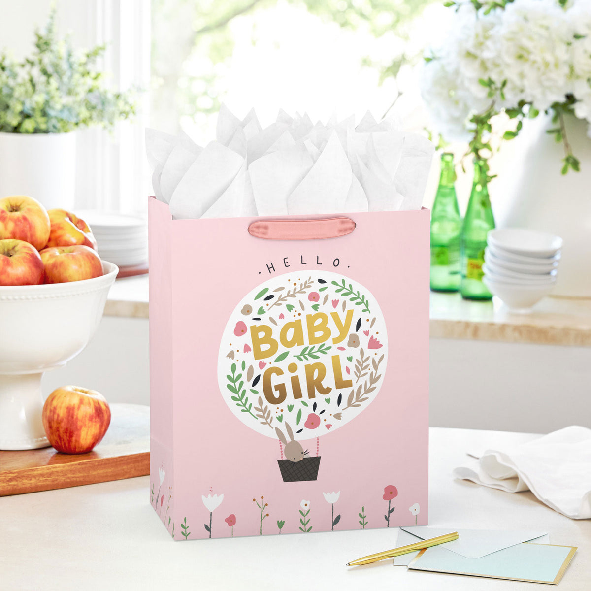 Hallmark 13'' Bunny in Hot Air Balloon Baby Girl Large Gift Bag