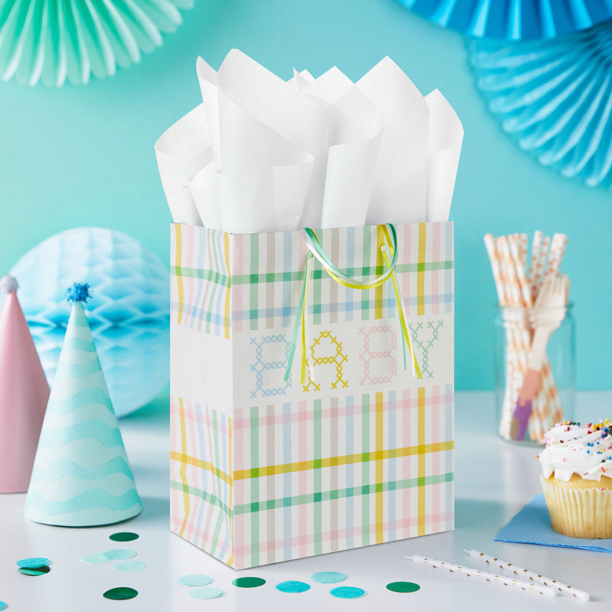 Hallmark 9.6'' Pastel Plaid Medium New Baby Gift Bag
