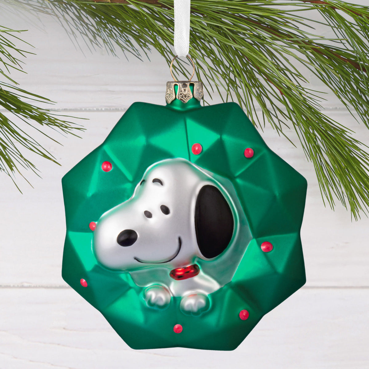 Hallmark Peanuts® Snoopy in Wreath Blown Glass Hallmark Ornament