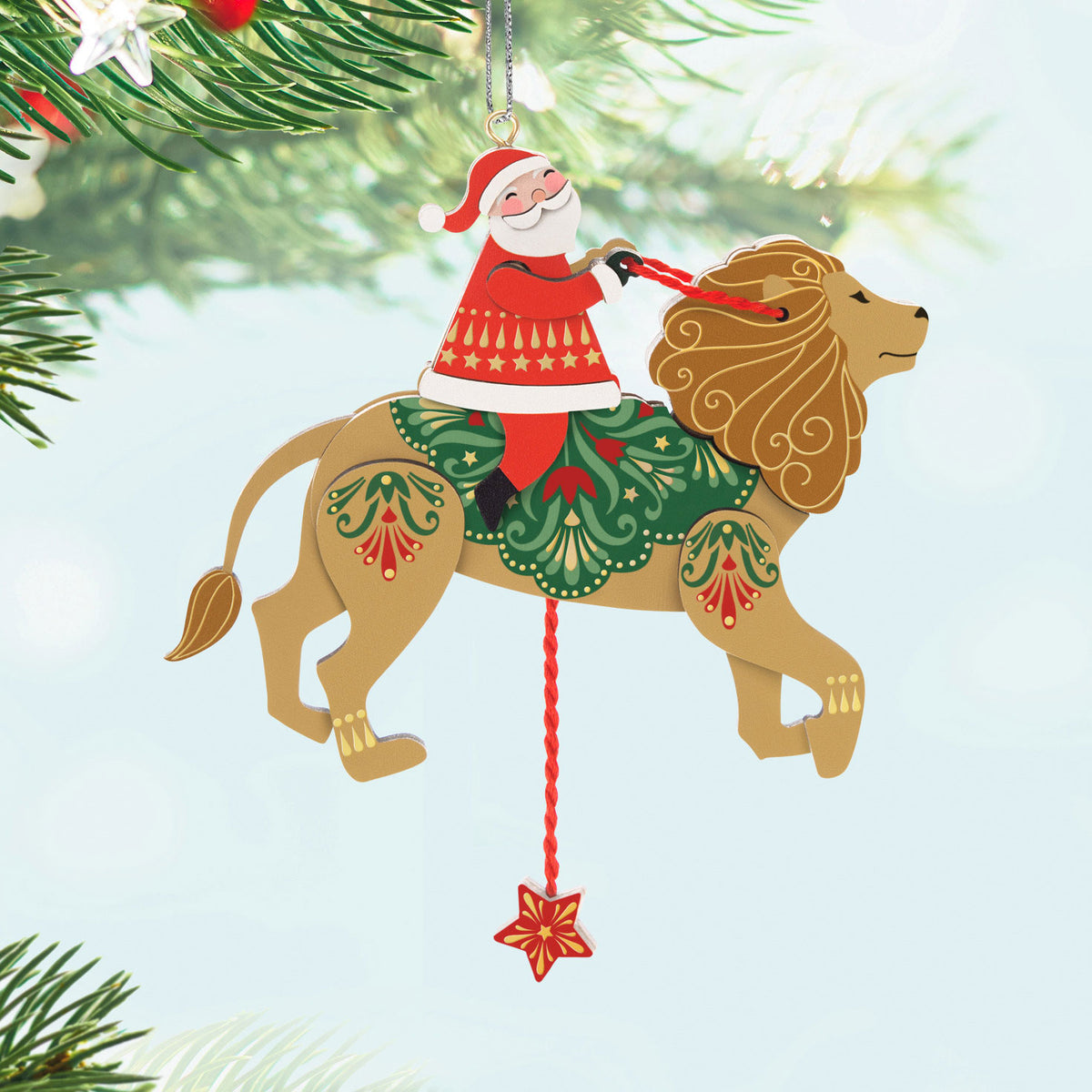 Hallmark Pull-String Lion With Santa Wood Ornament