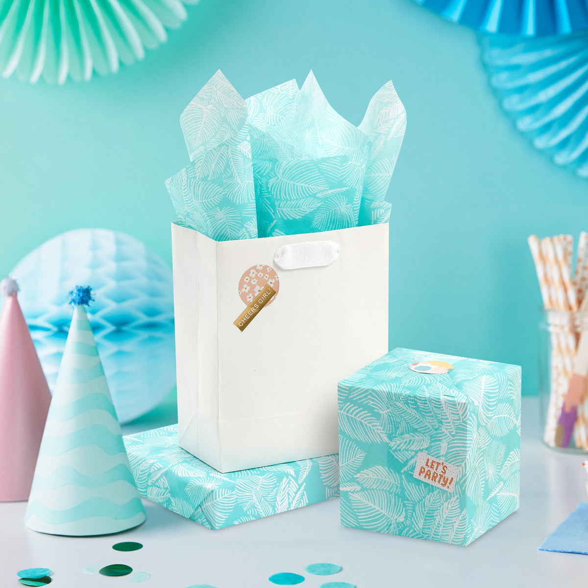 Hallmark Tropical Leaves on Aqua Tissue Paper With Gift Tag Stickers, 6 sheets
