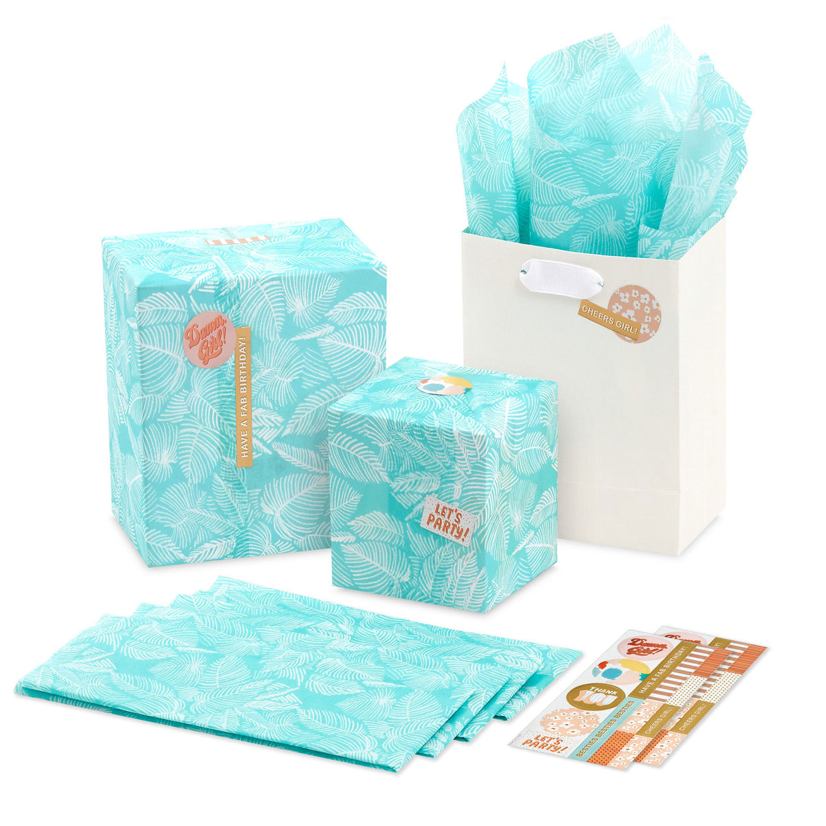 Hallmark Tropical Leaves on Aqua Tissue Paper With Gift Tag Stickers, 6 sheets