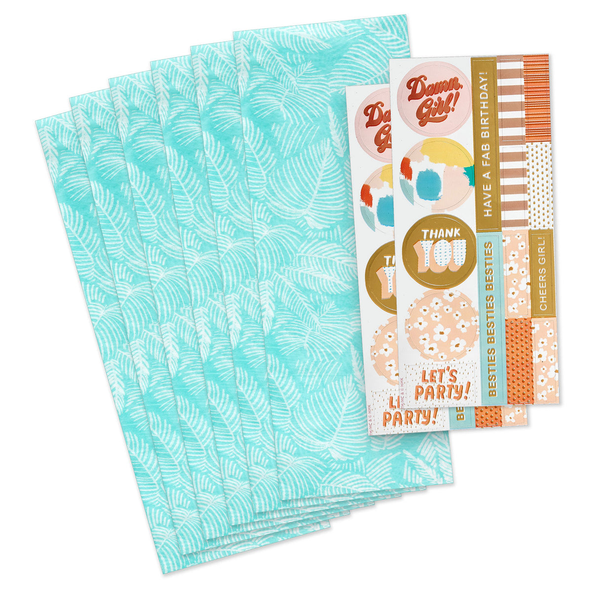 Hallmark Tropical Leaves on Aqua Tissue Paper With Gift Tag Stickers, 6 sheets